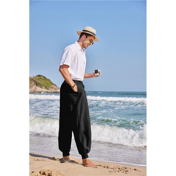 Men's Hippie Harem Pants Baggy Linen Boho Yoga Casual Drop Crotch Trouser - Picture 2 of 6